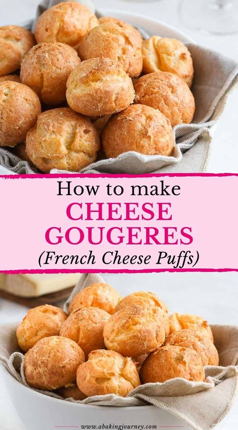 This easy classic Cheese Gougeres recipe (French Cheese Puffs) make the best appetiser, canape or finger food for a fancy cocktail party, holidays and wine tasting nights. Packed with Gruyere Cheese, these savoury choux buns are super light and airy. These gruyere puffs can be enjoyed on their own or stuffed with your favourite savoury filling. Cheese Gougeres, French Cheese Puffs, Gougeres Recipe, Smoked Salmon Mousse, Fancy Cocktail Party, Cheese Puffs Recipe, Choux Buns, French Baking, Cream Puff Recipe