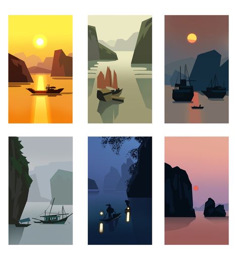 Geometric Art Illustration, Procreate Concept Art, Environment Poster Design, Poster Colour Art, Night Reference, Ha Long Bay Vietnam, 심플한 그림, الفن الرقمي, Night Illustration