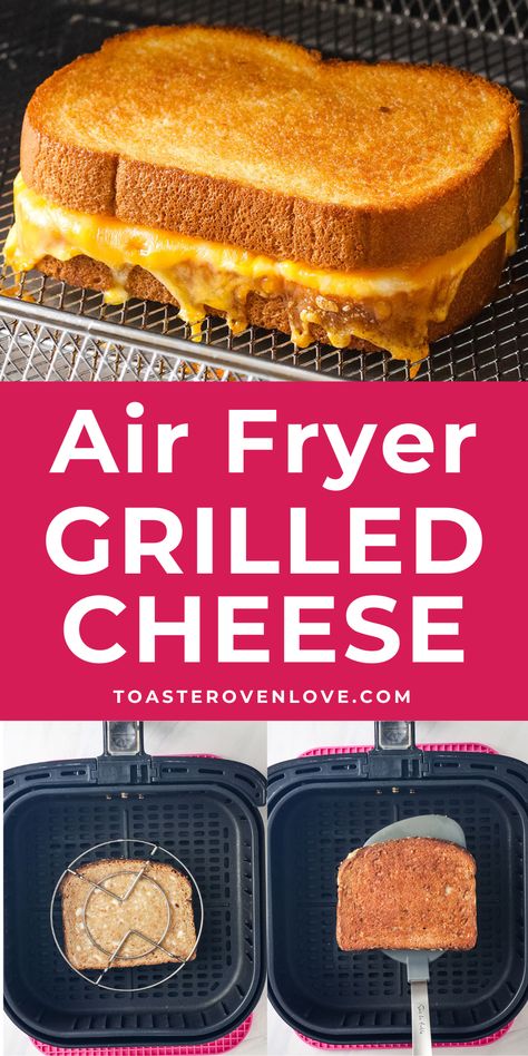 Grilled cheese in an air fryer oven basket and inside of a drawer style air fryer with a rack on top of the sandwich. Basic Grilled Cheese, Air Fryer Grilled Cheese, Perfect Grilled Cheese, Air Fryer Recipes Dessert, New Air Fryer Recipes, Air Fryer Recipes Snacks, Grilled Cheese Recipe, Crispy Bread, Making Grilled Cheese