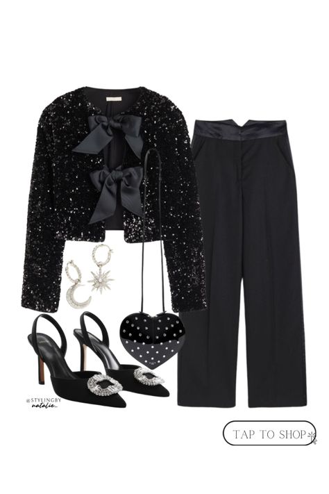 Party season, sparkle season, Christmas outfit, Christmas party wear, party season, NYE outfits, going out outfit. OOTN, evening outfit. Sequin bow detail jacket, wide leg twill trousers with satin waistband, heart shape shoulder bag, silver celestial earrings, black jewell heeled shoes, ootnight Sequined Jacket Outfit, Sequin Jacket Street Style, Sequence Blazer Outfits, Blazer Outfits For Women Parties, Christmas Outfit Ideas For Women Party, Sequin Jacket Outfit, Ootd Christmas, Outfit Christmas Party, Black Jacket Outfit