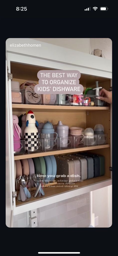 Baby Plates And Bowls Organization, Kitchen Organization For Baby Stuff, Baby Station In Kitchen, Kids Plates And Cups Organization, Kids Kitchen Storage, Sippy Cup Organization, Baby Cabinet Organization, Baby Bottle Organization, Baby Cabinet