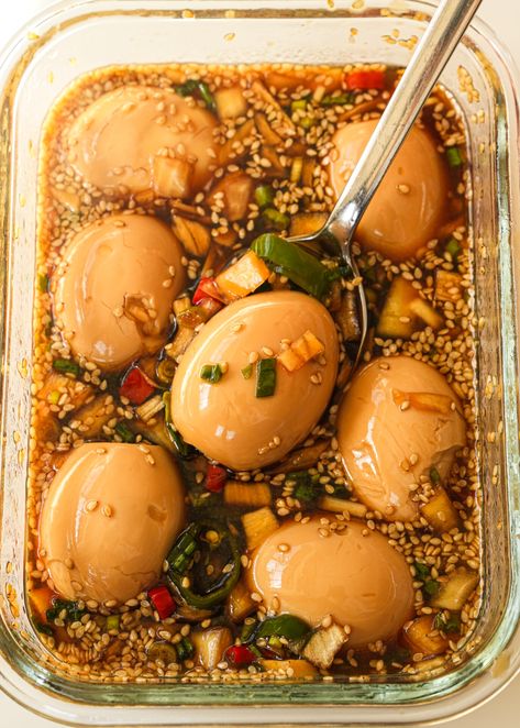 Korean Soy Marinated Eggs – Makak Eggs - One Happy Bite Soy Sauce Soaked Eggs, Soft Boiled Marinated Egg, Asian Soft Boiled Eggs, Korean Marinated Egg, Korean Boiled Egg Recipes, Marinated Jammy Eggs, Soy Egg Marinade, Korean Soft Boiled Eggs, Jammy Eggs Recipe