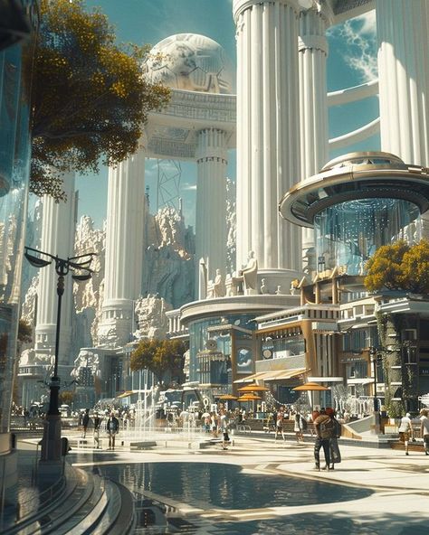 Greco Futurism, Modern Fantasy World, Ancient Futurism, Scifi Artwork, Sci Fi Building, Sci Fi Architecture, Sci Fi City, Landscape Concept, Beautiful Landscape Wallpaper