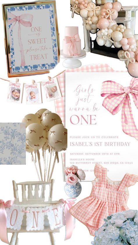 Girlie First Birthday Themes, One Year Birthday Bow Theme, Itty Bitty Pretty One Birthday, Bowtiful 1st Birthday, Girls Just Want To Be One Birthday Theme, Girls Just Wanna Turn One Birthday, 1st Birthday Girl Bow Theme, Baby Girl First Birthday Theme Bows, Vintage 1st Birthday Girl