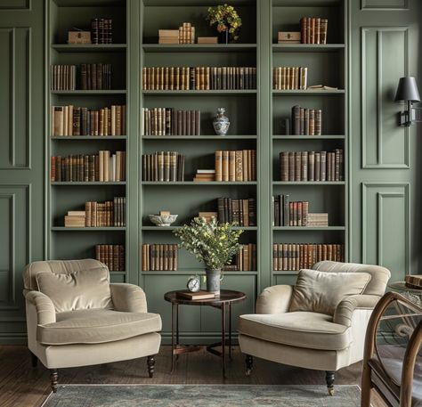 Green Bookcases Living Room, Olive Green Home Library, Green Office Bookshelves, Green Leather Chair Living Room, Forest Green Library, Green Built In Bookshelves, Sage Green Bookshelf, Georgian Office, Vintage Library Room