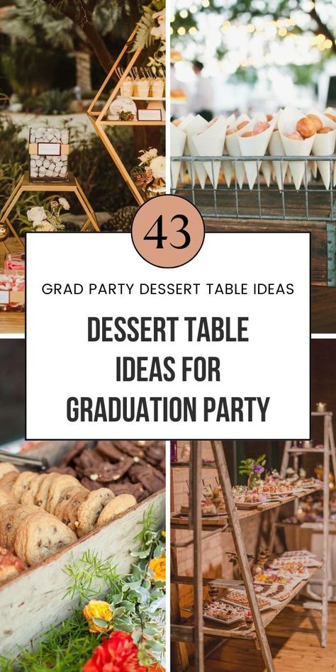 Plan the perfect graduation party with these 43 creative dessert table ideas! Whether you're into themed cupcakes, grad party desserts, or a rustic cookie table, these ideas will wow your guests. Use school colors, create a graduation dessert bar, or showcase unique cheesecake displays. Perfect for high school graduation parties, dessert table inspiration, and sweet success celebrations. Save these party dessert ideas to make your grad's day unforgettable! Sweets Table Ideas Graduation, Desserts For Open House, Desserts For Retirement Party, Grad Party Cookie Table, Cupcake And Cookie Display Table, Graduation Party Foods Ideas, Graduation Party Cake Table Ideas, Rustic Cookie Display Ideas, Party Dessert Bar Ideas