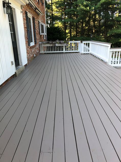 Grey Deck Stain Colors, Gray Painted Deck, Painted Deck Colors Ideas, Light Grey Decking Paint, Porch Colors For Tan House, Back Deck Colors, Painted Deck White House, Painted Decks Colors Ideas Gray, Deck Colours Paint Colors