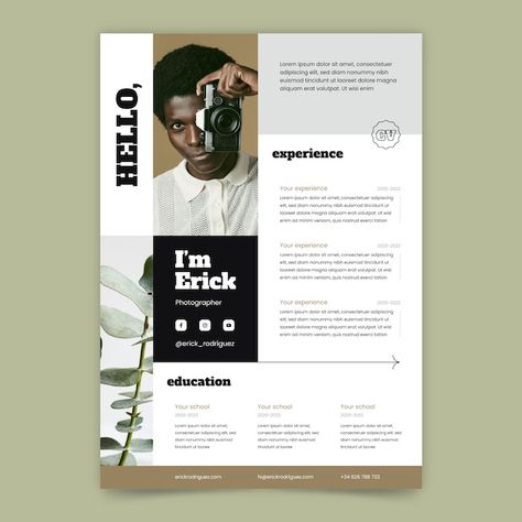 Photography Cv Design, Cv Design Photographer, Cv Photographer Creative Cv, Social Media Cv Template, Cv Original Design, Creative Cv Design, Career Change Cover Letter, Layout Cv, Flat Photography