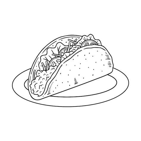 Mexican Food Drawing Easy, Taco Line Art, Tacos Drawing, Mexican Drawings, Food Drawing Easy, Taco Illustration, Taco Drawing, Tacos Mexicanos, Outline Illustration