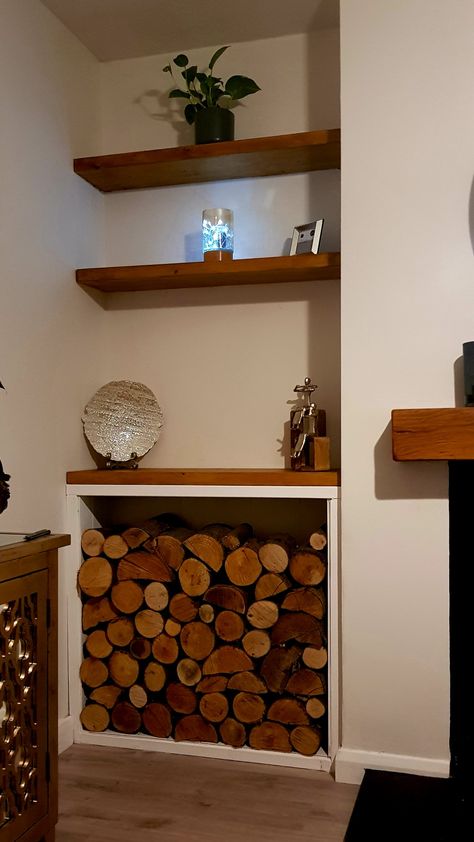 Alcove log store and shelves Log Display Fireplace, Fireside Wood Storage, Alcove Shelving With Wood Storage, Log Storage Alcove, Firewood Display Living Rooms, Logs In Alcove, Firewood Storage Shelves, Media Wall With Log Store, Indoor Firewood Shelf