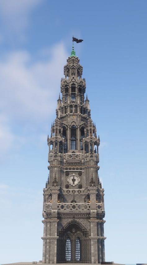 Midevil Buildings Architecture, Minecraft Tall Tower, Minecraft Gothic Tower, Bell Tower Minecraft, Evil Castle Minecraft, Minecraft Citadel, Minecraft Obelisk, Minecraft Cathedral Blueprints, Minecraft Spire