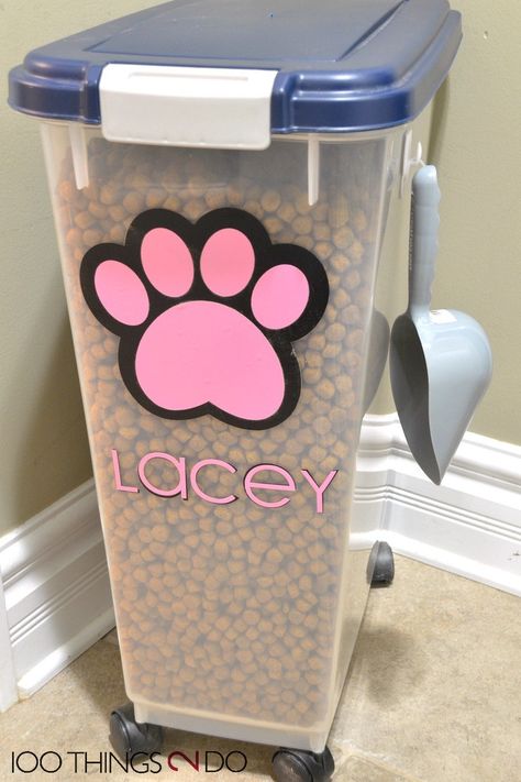 Personalized Pet Food Container | 100 Things 2 Do Food Silhouette, Comfy Dog Bed, Pet Store Ideas, Dog Feeding Station, Pet Food Container, Pet Food Containers, Colorful Hairstyles, Dog Food Container, Thrifted Home Decor