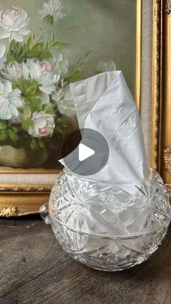 Glass Bowl Tissue Holder, Kleenex Jars Diy, Kleenex In Glass Bowl, Tissue Box Holder Diy, Kleenex Holder Ideas, Glass Box Ideas, Glass Box Decor, Diy Tissue Box Covers, Decorating With Vintage Items