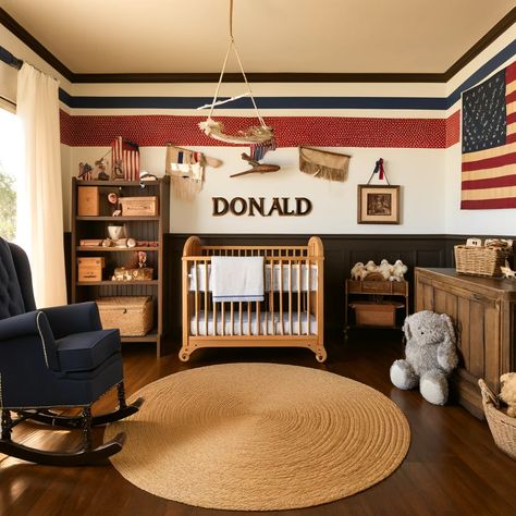 Ford Nursery Theme, American Themed Nursery, Vintage American Nursery, American Flag Nursery, All American Boy Nursery, Americana Boy Bedroom, Zion Nursery, Polo Nursery, Americana Nursery Boys