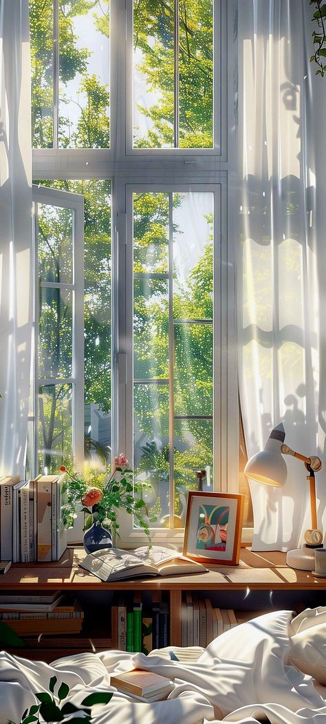 Nature House Wallpaper, Aesthetic House Wallpaper, Cozy Wallpaper Iphone Aesthetic, Bedroom Aesthetic Wallpaper, Window View Aesthetic, Cozy Wallpapers, Window Wallpaper, Windows Design, Beautiful Landscape Wallpaper