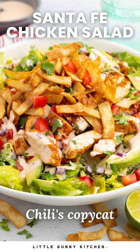 Santa Fe Chicken Salad is a Chili's copycat recipe, with spicy chicken, crispy tortilla strips, and fresh veggies like tomatoes and avocado. Chicken Salad Recipe Lettuce, Costa Vida Salad Copycat, Fiesta Chicken Salad Recipe, Santa Fe Chicken Salad Dressing, Southwest Salad With Chicken, Copycat Taylor Farms Salad, Applebees Santa Fe Chicken Salad, Copycat Restaurant Salads, Lettuce Salad With Chicken