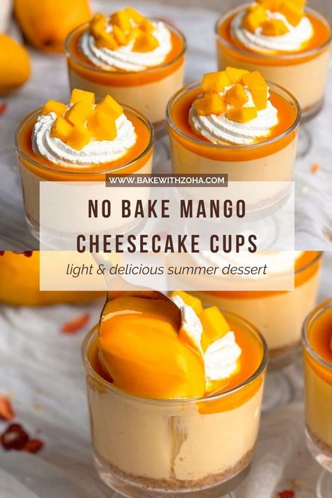 These delicious and irresistible homemade mango cheesecake cups are like mango ice-cream meet cheesecake! Creamy, light, and oh-so-delicious, they're a delightful twist on classic cheesecake that's sure to impress. Perfect for summer parties or a solo indulgence! They are easy, quick, and no-bake - grab the recipe at bakewithzoha.com Mango No Bake Cheesecake, Mango Cheesecake Cups, No Bake Mango Cheesecake Recipes, Tiramisu Dessert Cups, No Bake Dessert Cups, Mango Cheesecake Recipe, No Bake Mango Cheesecake, Fruity Dessert Recipes, Pineapple Popsicles