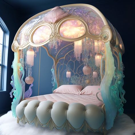 Mary Elizabeth on Instagram: “Jellyfish canopy beds | Which is your favorite? 🤔 . For #jellyfish #aiartdailytheme @ai_art_community . . #aiart #aiartfamily…” Underwater Interior, Ocean Inspired Bedroom, Weird Beds, Unusual Beds, Unique Bedrooms, Magical Bedroom, 80s Home, Cool Fish Tanks, Themed Bedrooms