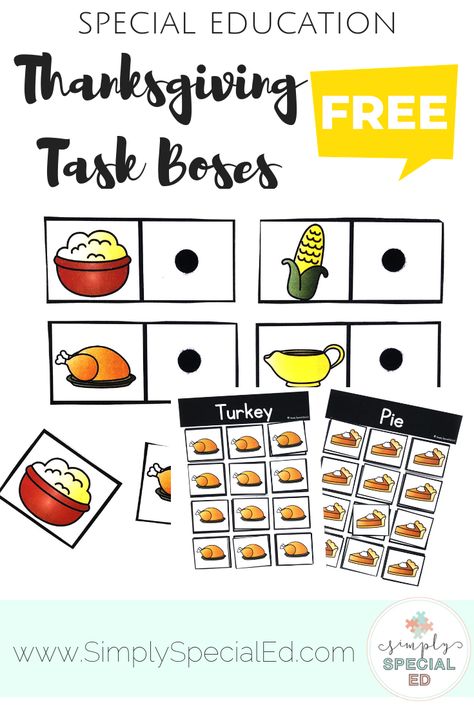 Free Thanksgiving Task Boxes - Simply Special Ed - This is a great way to create work stations in a special education classroom. Quickly prep, pull, and clean up. Students learn independence, increase motivation, become more confident, and get used to schedules and routines. These are all a win! Click to see how to gain access to over 50 downloads and grab this #Thanksgiving freebie today! #ThanksgivingTaskBoxes #SpecialEducation #SpecialEd Special Ed Thanksgiving Activities, Thanksgiving Special Education, Math Task Boxes, Special Education Visual Schedule, Task Box Ideas, November Themes, Thanksgiving Readings, Special Education Lesson Plans, Box Activities