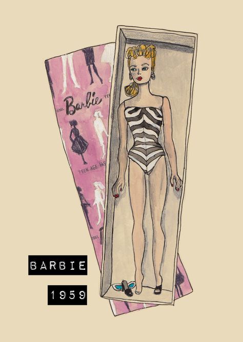 Barbie Box Drawing, Original Barbie, Doll In Box Drawing, Barbie Sketch, Barbie Doll Drawing, Barbie Print, Barbie Prints, Barbie Drawings, Doll Illustration