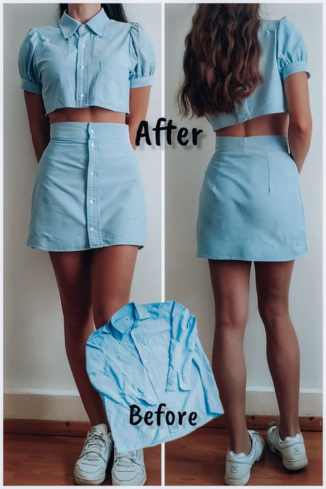 How To Make A Shirt Into A Skirt, Sewing Ideas From Old Clothes, Recycling Shirts Ideas, Skirt Out Of Shirt, Make New Clothes From Old Clothes, Recycling Clothes Ideas Upcycling, How To Style Old Clothes, Upcycle Dress Shirt, How To Make A Skirt Out Of A Shirt