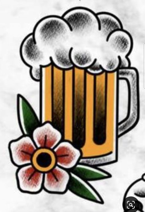 Traditional Beer Mug Tattoo, American Traditional Beer Tattoo, Traditional Beer Tattoo, Oldschool Tattoo Flash, Oldschool Tattoo Traditional, Beer Tattoo, Beer Drawing, Beer Tattoos, Harley Tattoos