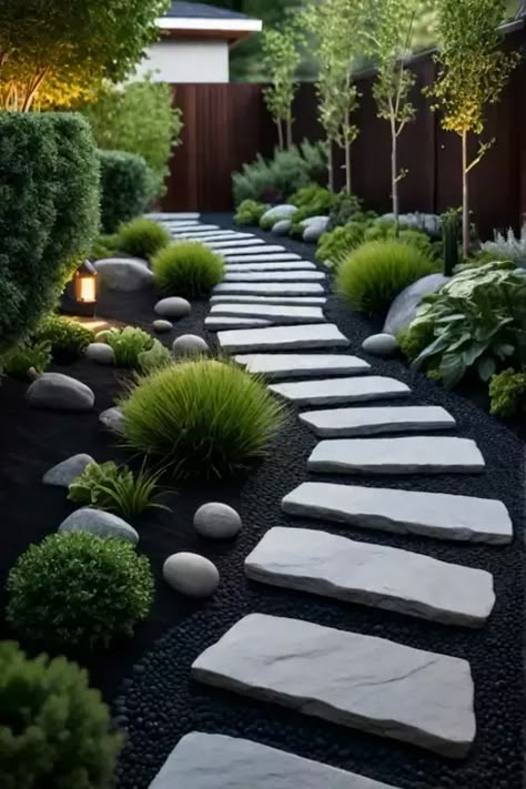 Defined pathway for enhanced accessibility in a compact garden Compact Garden, Backyard Walkway, Side Yard Landscaping, Pathway Landscaping, Hot Tub Garden, Rock Garden Design, Mcm House, Garden Paving, Front Yard Design