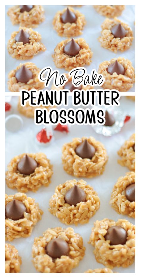 No Bake Peanut Butter Blossoms Cookies With Rice Krispies, Peanut Butter Kiss Cookies Recipe, Peanut Blossom Cookies, Fruity Pebbles Treats, Peanut Butter Blossoms Recipe, Peanut Butter Kiss, Peanut Butter Rice Krispies, Peanut Butter Blossom, Peanut Butter Kiss Cookies