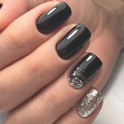 Black Nails With Glitter, Squoval Nails, Black Nail Art, Black Nail Designs, Trendy Nail Design, Nail Designs Glitter, Silver Nails, Dipped Nails, Nailed It