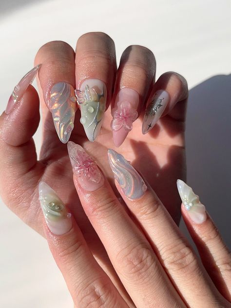 Handmade
✨ Fairycore Aesthetic Nail Set ✨

"Faye"
💫 Origin: English
💫 Meaning: "fairy"

*Medium stiletto shape is displayed in the photos* Flower Fairy Nails, Fairycore Acrylic Nails, Almond Fairy Nails, Cute Fairy Nails, Spring Fairy Nails, Fairycore Nails Aesthetic, Fairy Gel Nails, Soft Nails Aesthetic, Fairy Nails Aesthetic