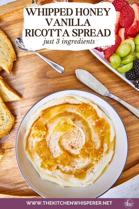 Just 3 ingredients are needed to make this easy & incredibly delicious recipe. From bagels to desserts, fruit to crostini, this is truly irresistible! Deliciously Easy 3-Ingredient Vanilla Honey Whipped Ricotta, sweetened ricotta, ricotta spread, dessert ricotta, uses for leftover ricotta, bagel spread, crostini spread, cheesy dip, fruit dip Ricotta Dip Recipes Desserts, Whipped Ricotta Bruschetta, Whipped Ricotta Dessert, Whipped Ricotta Dip Honey, Ricotta Honey Dip, Whipped Ricotta Appetizer, Honey Ricotta Dip, Dessert Crostini, Whipped Honey Ricotta