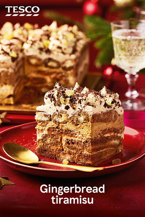 Give classic tiramisu a gingerbread twist for Christmas. Layered with coffee liqueur and ginger nut biscuits, this festive dessert is the ultimate way to end your Christmas dinner. | Tesco Gingerbread Tiramisu Recipe, Tiramisu Christmas, Gingerbread Tiramisu, Christmas Recipes Drinks, Christmas Tiramisu, Tesco Christmas, Ginger Nut Biscuits, Italian Desserts Traditional, Classic Tiramisu