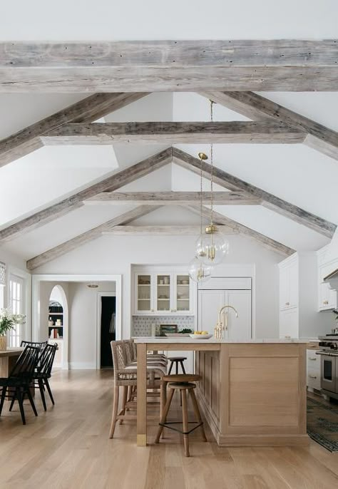 Brown Rope Stools at Brown Brushed Oak Island - Cottage - Kitchen Truss Ceiling, Brick Herringbone Floor, Ceiling Beams Living Room, Beams Living Room, Vaulted Ceiling Living Room, Kate Marker Interiors, Herringbone Floor, Unique Flooring, Ceiling Ideas