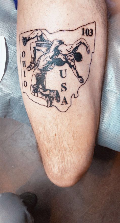 #wrestling #ohiowresling #usawrestling #tattoo Traditional Wrestling Tattoo, Tattoo Ideas Wrestling, Usa Wrestling Tattoo, Wrestling Tattoos Ideas, Wrestling Tattoos, Clock Tattoo Ideas, Taper Fade Short Hair, State Tattoos, Sport Tattoos