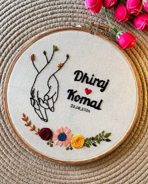 This very pretty Custom Hoop Art Embroidered for @komal_hemrajani 🫶 DM to Shop/CUSTOMISE ✅ Shipping all over India 📦 (Ring ceremony gift, embroidered gift, gifting, ring ceremony gift ideas, engagement gifts, handmade gifts, handmade embroidery, embroidered products, unique artwork, unique gifting, custom embroidery, Couple gift, couple gifting, handmade gifts , gifts for him, gifts for her) #embroidery #artwork #gifting #ringceremony #couplegifts #couplegift #enagement #engagementgift #f... Embroidery Person, Embroidery Hoop Designs, Embroidery Couple, Engagement Gifts For Him, Wedding Embroidery Hoop, Embroidery Theme, Embroidery Hoop Decor, Hoop Decor, Watch Live Cricket