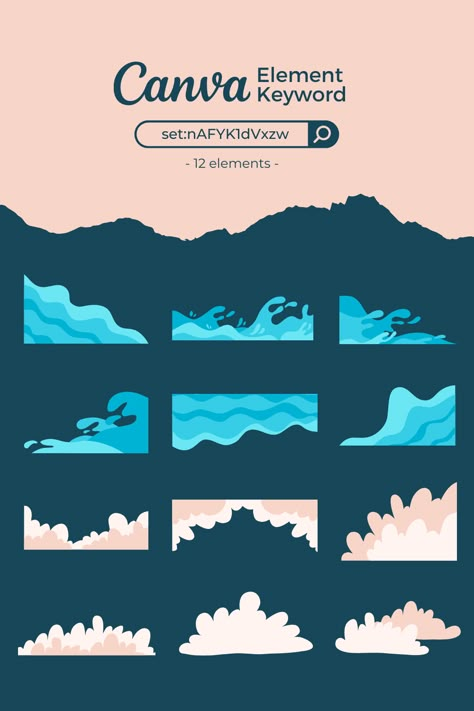 Cloud and Waves Element Collection Keyword canvabauhaus #contentcreatorelement #canvadesigntips #canvamockup #canvaelemenkeyword☕ Summer Theme Design, Summer Canva Elements, Beach Doodle, Canva Theme, Canva Keywords Elements, Kingdom Design, Summer Elements, Canva Frames, Wave Beach