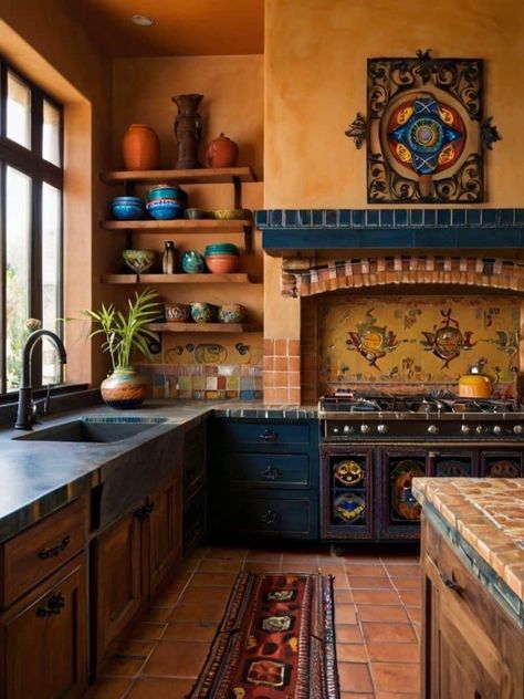 Hacienda Style Homes Mexican Kitchen, Mexican Houses Interior, Moroccan Kitchen Design, Hacienda Style Kitchen, Kitchen Exhaust Fan, Hacienda Kitchen, Spanish Home Decor, Hacienda Style Homes, Kitchen Exhaust