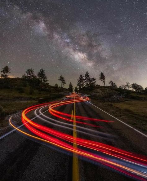 Photo tip ☝️The Milky Way is always much darker than car light trails. To get a shot like this requires two different exposures. One for the Milky Way, and another for the car light trails. In this case, the sky required ISO 6400, aperture f/2.8 and 25 second shutter speed. This is pretty typical settings for Milky Way shots. The light trails needed ISO 1000, f/8 (for greater depth of field), and 25 second shutter speed. The exposures were then composited into one image in post processing. Shutter Speed Photography, Aperture And Shutter Speed, Light Trails, Photography Classes, The Milky Way, Depth Of Field, Long Exposure, One Image, Photo Tips