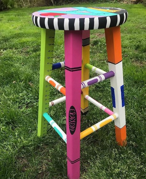 Painted Teacher Stool, Teacher Stool, Teacher Stools, Teacher Chair, Classroom Stools, Teacher Chairs, Diy Rocking Chair, Stool Ideas, First Classroom