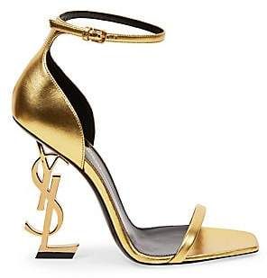 Saint Laurent Saint Laurent Women's Opyum Logo Heel Leather Sandals Saint Laurent Heels, Ysl Heels, Ysl Shoes, Ysl Logo, Saint Laurent Shoes, Leather High Heels, Gold Heels, Leather Shoes Woman, Shoe Obsession