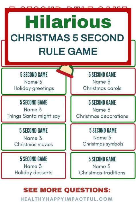 Hilarious Christmas-themed 5-second rule game card with categories like holiday greetings, Christmas carols, and things Santa might say. 5 Second Rule Christmas Questions, Christmas Children’s Party Games, Christmas Icebreakers For Adults, Crismas Games, Christmas Traditions Adults, 4th Grade Christmas Party Games, Christmas Themed Party Games, Christmas Games For Large Family, 5 Second Christmas Game