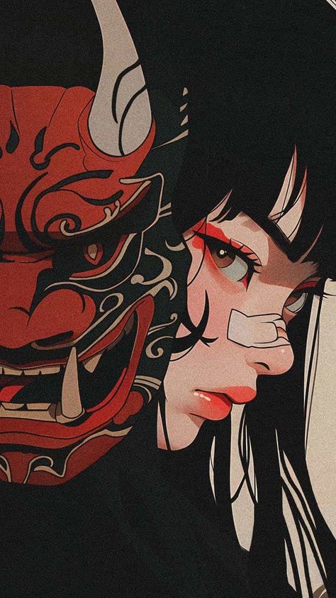 Girl with Devil Mask - iPhone Wallpapers Demon Mask, Japanese Pop Art, Muster Tattoos, Japon Illustration, Aesthetic Pfp, Anime Artwork Wallpaper, Cool Wallpapers Art, Dessin Adorable, Cyberpunk Art