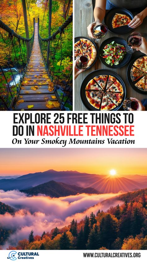 Colorful fall foliage on a suspension bridge, friends sharing pizza, and a scenic mountain sunrise represent the experiences highlighted in Explore 25 Free Things To Do in Nashville Tennessee. Things To Do Tennessee, Trip To Tennessee, Things To Do In Nashville Tennessee, Things To Do In Tennessee, Tennessee Family Vacation, Nashville Things To Do, Tennessee Living, Visit Tennessee, Tennessee Road Trip