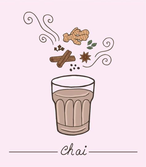 Indian Chai inspired illustration. Created by Ellie Tompkins  www.ellie-tompkins.co.uk Chai Painting, Art Drawings Cute, Indian Chai, Chai Coffee, Tea Illustration, Recipe Drawing, Coffee Art Print, Inspired Illustration, Wallpapers Cartoon