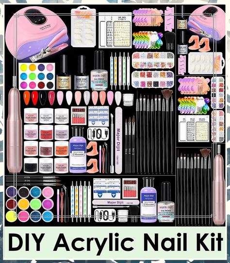 Major Dijit Acrylic Nail Kit with Nail Lamp, 12 Colors Acrylic Powder Acrylic Liquid Top Coat Base Coat Nail Primer and Electric Nail Drill for Gel Nail Kit, DIY Nail Art Tool Cpmplete Starter Kit Nail Art Tool Kit, Diy Nail Art Tools, Electric Nail Drill, Acrylic Nail Shapes, Nail Primer, Acrylic Liquid, Diy Acrylic Nails, Acrylic Nail Kit, Gel Nail Kit