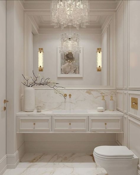 Classic Design Bathroom, Parisian Interior Bathroom, Classic Moodboard Interior Design, Modern Classic Interior Bathroom, Small Classic Bathroom, Classic Guest Bathroom, Classic Vanity Design, Neo Classical Bathroom, Bathroom New Classic