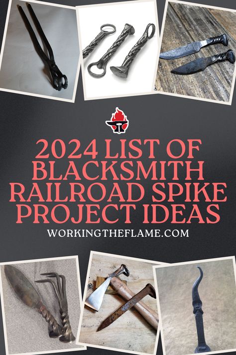 Forge a connection to the past with our selection of 10 project ideas using railroad spikes in 2024! From robust tomahawk to steel hooks, these projects offer a modern twist on a classic blacksmithing material.  #RailroadSpike #BlacksmithingIdeas #ForgingRailroadSpike #MetalworkingCrafts #MetalWorks #MetalArt #UpcycledMetal #Metalworking #RailroadSpikeCrafts #Blacksmith #Blacksmithing #MetalForging #WorkingTheFlame Railroad Spikes Crafts Diy, Railroad Spike Blacksmith Projects, Old Railroad Spikes, Railroad Spike Knife How To Make, Railroad Spikes Crafts, Road Spikes, Railroad Spike Coat Hook, Railroad Spike Knife, Railroad Spikes