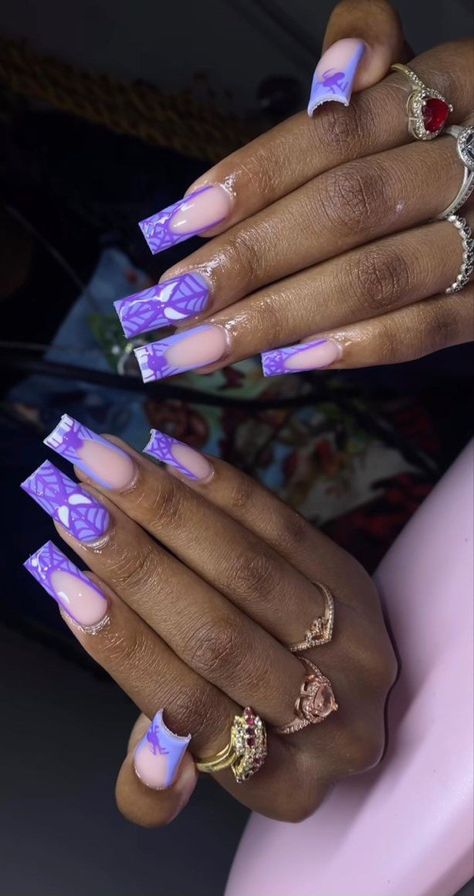 Purple Acyrilics Nails Designs, Purple Spiderman Nails, Purple And Pink Nails Ideas, Purple Nails Ideas Acrylic, Purple Nail Inspo Acrylic, Purple Birthday Nails, Purple And Blue Nails, Purple Nail Art, Purple Acrylic Nails