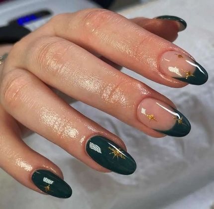 Gel Fall Nail Colors, Fall Nail Styles, Nail Art Paillette, Nye Nails, Sheer Nails, Dark Green Nails, Golden Nails, Hippie Nails, Classy Acrylic Nails