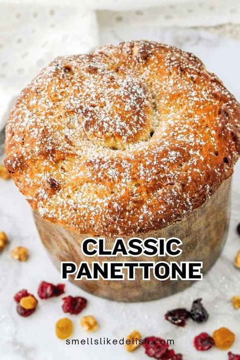 End your Christmas meal on a sweet and festive note with this impressive Christmas Panettone Bread! This Italian classic is a delightful combination of fluffy dough, colorful candied fruits, and a hint of citrus. It's the perfect way to add a touch of elegance and tradition to your holiday celebration. Panatone Bread Italian Christmas, Panatone Bread, Traditional Panettone Recipe, Easy Panettone Recipe, Banana Bread Blueberry, Blueberry Lemon Pound Cake, Christmas Panettone, Artesian Bread, Panettone Cake